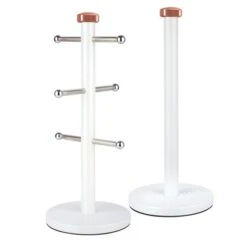 Tower Linear White & Rose Gold Mug Tree & Kitchen Roll Holder Set
