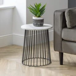 Broadway Round Lamp Table, White Marble Effect