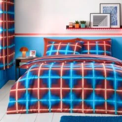 Red & Blue Neon Checks Reversible Duvet Cover And Pillowcase Set -Home Furnishing Store 30945317